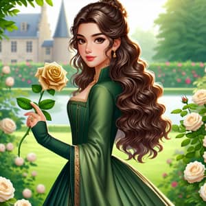 Feminine Noble Character in Green Gown with Golden Rose
