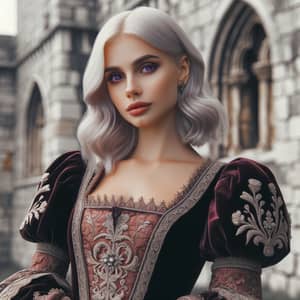 Regal Lady in Medieval Gown | Ancient Stone Architecture