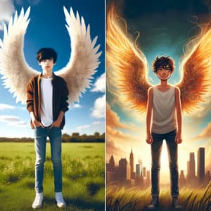 Teenage Boys with Wings: Caucasian vs. South Asian - Unique Illustrations