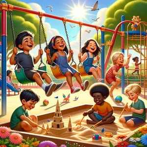 Colorful Playground with Diverse Kids Playing Happily