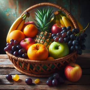 Exquisite Fruit Basket with Fresh, Juicy Fruits on Wooden Table