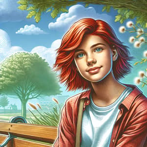 Vibrant Red-Haired Teenager Lost in Daydreams | Park Scene