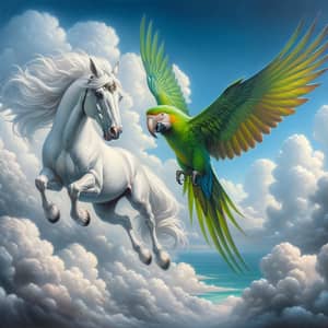 White Horse with Four Wings and Green Parrot Soaring