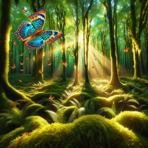 Vibrant Blue and Orange Butterfly Soaring Over Verdant Forest