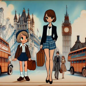 Charming Animated Image of Two Girls in London Cityscape