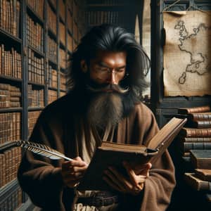 Asian Bearded Man Engrossed in Reading Book