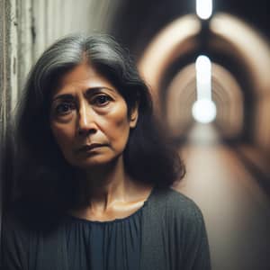 Sad South Asian Woman in Dimly Lit Tunnel Struggling with Depression