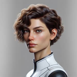 Athletic Woman in Futuristic Space Suit with Determined Eyes