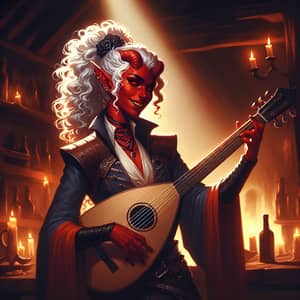 Confident Female Tiefling Strumming Lute in Dimly-lit Tavern