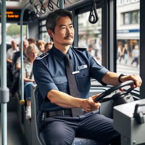 Professional Asian Male Bus Driver in City Bus - Urban Transport
