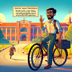 Enthusiastic South Asian Male Professor Biking to Educational Institution