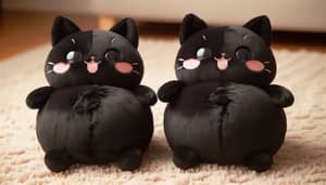 Adorable Black Plush Cat Toys Having Fun on Soft Carpet