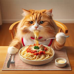 Fluffy Orange Tabby Cat Enjoying Spaghetti | Delightful Scene