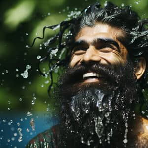 Refreshing Outdoor Swim: Splashed South Asian Man in Verdant Setting
