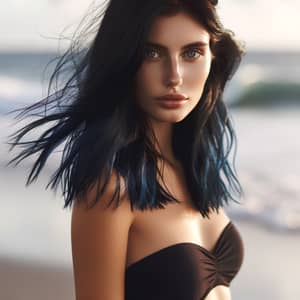 Dark Blue Hair Strapless Bikini Girl | Beach Beauty