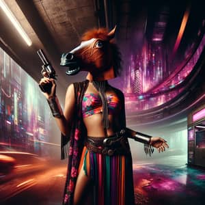 Urban Fantasy: Mysterious Woman in Horse Mask with Firearm