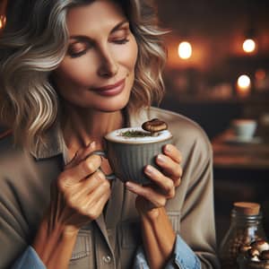 Stunning Portrait of Woman Drinking Mushroom Coffee