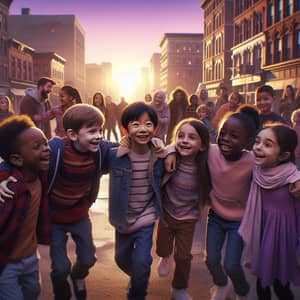 Joyful Children Embracing Diversity in Town Square