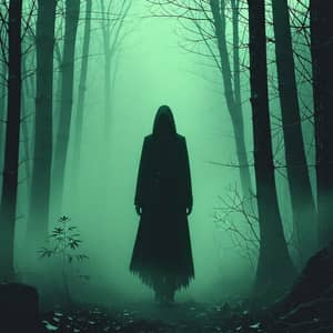 Mysterious Figure in Foggy Forest | Dark Charcoal & Emerald Green Art