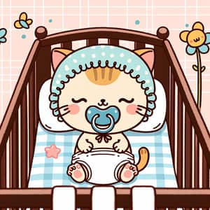 Adorable Baby Kitten Asleep in Crib with Pacifier - Cute Image