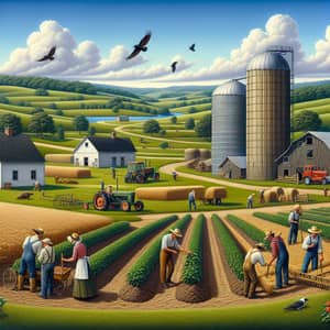 Bountiful Agriculture Scene with Farmers Tending Fields
