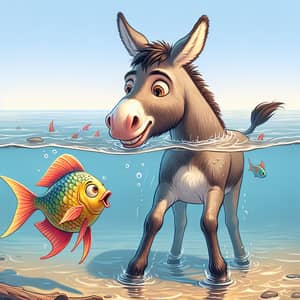 Tranquil Encounter: Donkey and Fish Playful Interaction in Water