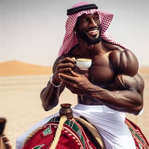 Messi in Saudi Attire Riding Camel with Saudi Coffee
