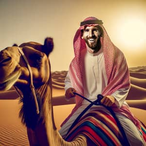 Lionel Messi Lookalike Riding Camel in Traditional Saudi Dress