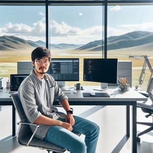 Male Mongolian Developer in Modern Tech Office with Nature View