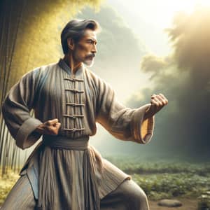 Masterful Middle-Eastern Kungfu Expert in Serene Bamboo Forest