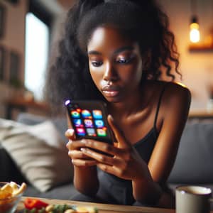 Young Black Woman Engrossed in Social Media | Modern Cozy Room