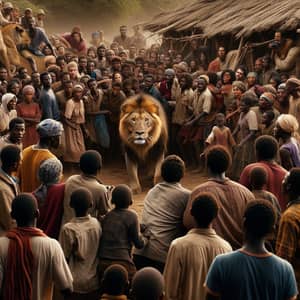 Majestic Lion Encountered by Diverse Village Crowd