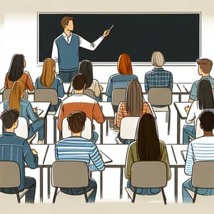 Diverse Classroom Setting: Teacher delivering lesson near blackboard