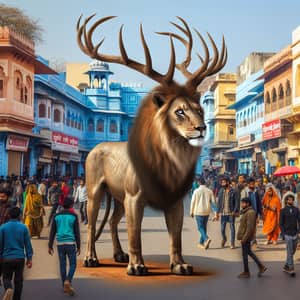 Majestic Lion-Bull Hybrid Creature in Jaipur Streets