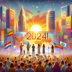 Happy 2024: Cityscape Sunrise Celebration for Peace and Prosperity