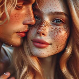 Tender Kiss of Freckled Caucasian Couple | Romantic Portrait
