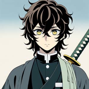 Anime Ghost Slayer Character with Wavy Black Hair and Two-Tone Eyes