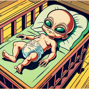 Adorable Baby Alien Sleeping in Crib - Vintage Cartoon Style