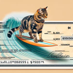 Tabby Cat Surfing on Bank Check - Finance and Feline Humor