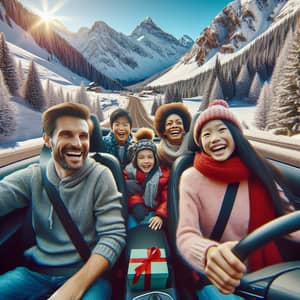 Multicultural Family Holiday Drive Through Snowy Mountain Pass