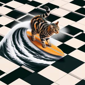 Playful Tabby Cat Surfing on Giant Chess Board