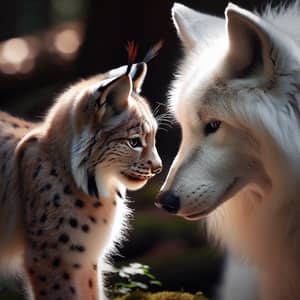 Petite Lynx and White Wolf: Intimate Moment in Forest