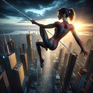 Kalifla Spiderman: Athletic Woman Swinging in City at Sunset