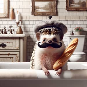 Quirky Hedgehog in French-Themed Bathroom with Mustache & Baguette