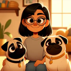 Young Hispanic Girl with Pugs in Warm Pixar Scene