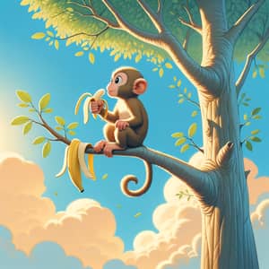 Lone Monkey Enjoying Banana on Tall Tree | Peaceful Scene