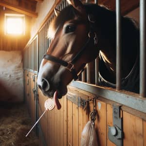 Adorable Horse Enjoying a Sweet Lollipop in Stable