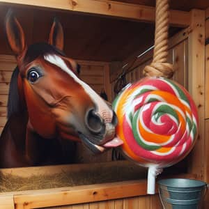 Curious Horse Enjoying Colorful Candy in Wooden Stall
