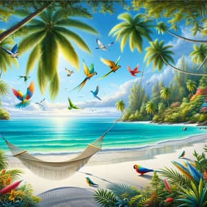 Tropical Paradise: Serene Sea, Palm Trees, Wildlife & Hammock