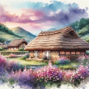 Traditional Thatched House in Korea - Watercolor Painting
